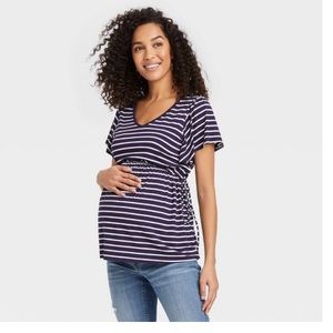 Blue and White,  Flitter Short Sleeve Tie-Waist Maternity Top - Isabel M…